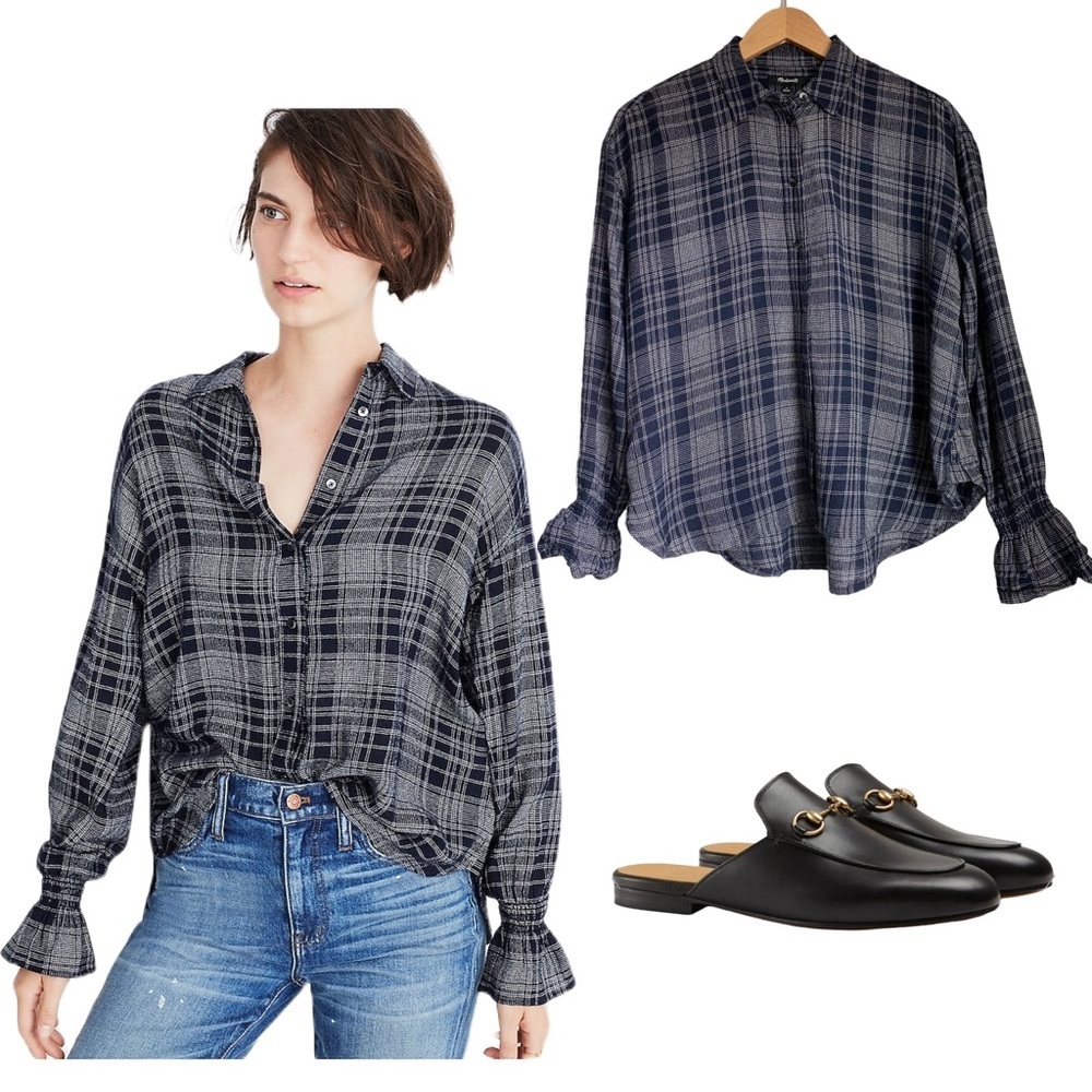 Madewell Plaid Checker Bell Sleeve Blouse Westward Western Cottage Wool Top Soft